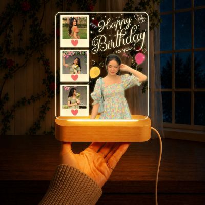 Personalized Happy Birthday Gift for Girlfriend, Wife, Best Friend, Daughter & Sister Bedroom Decor Table Lamp with Wood Stand